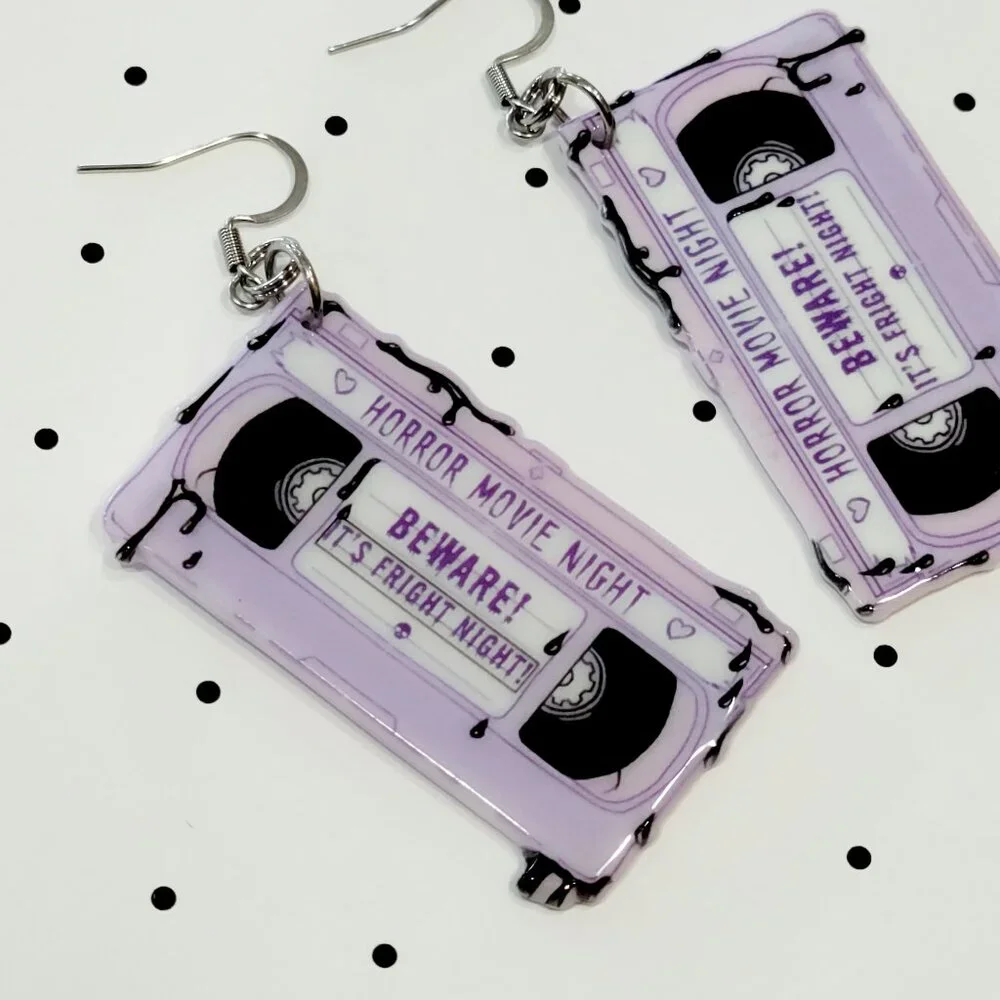 Purple VHS Scary Movie Earrings Scary Movie Horror Fight Night Stainless Hooks - Picture 2 of 4